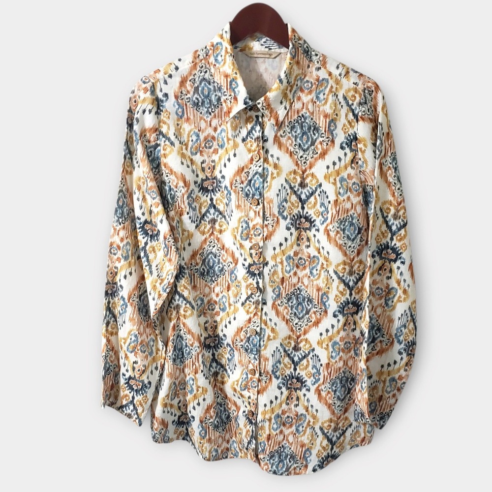 Soft Surroundings 100% Linen Ikat Print Button Down Shirt Small Brown Blue 2GV23
